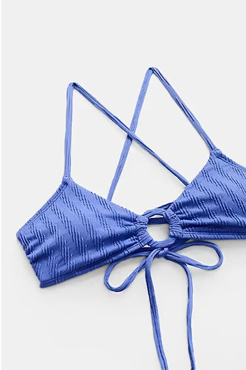 Periwinkle bikini with scoop neck and criss-cross back