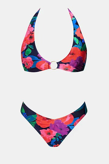 Floral bikini with plunging neck and high leg