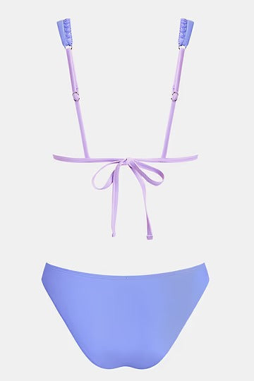 Purple bikini with a plunging neckline
