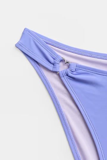 Purple bikini with a plunging neckline