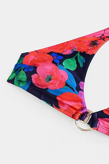 Floral bikini with plunging neck and high leg