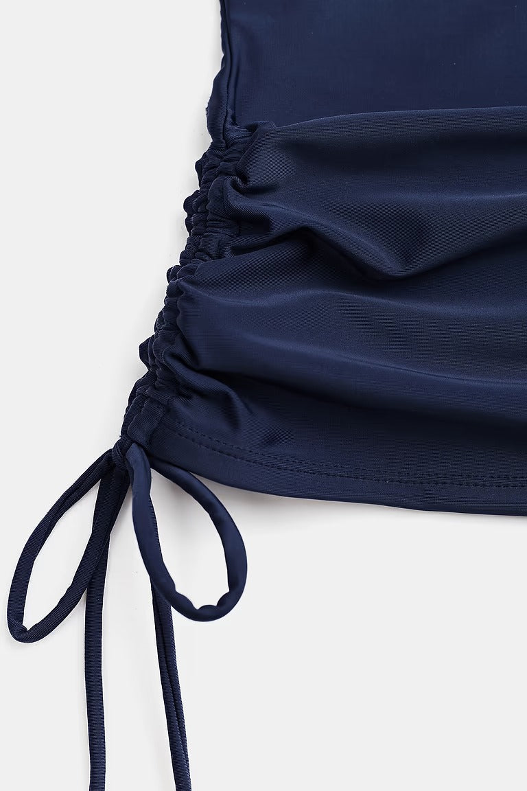 Blue ruched tankini and bottoms
