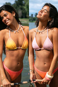 Reversible bikini with triangle neckline, open back, and ultra-high leg