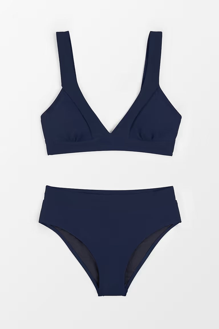 navy blue longline bikini with a classic high-waisted V-neck