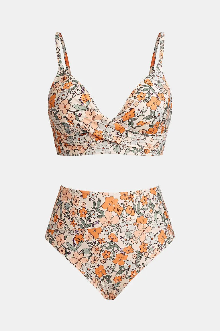 Bikini with floral twisted bralette and high spliced waist