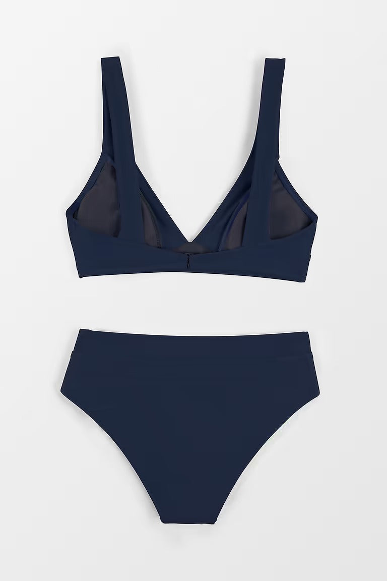 navy blue longline bikini with a classic high-waisted V-neck