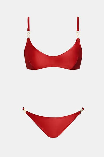 Red bikini with scoop neck and extra high leg