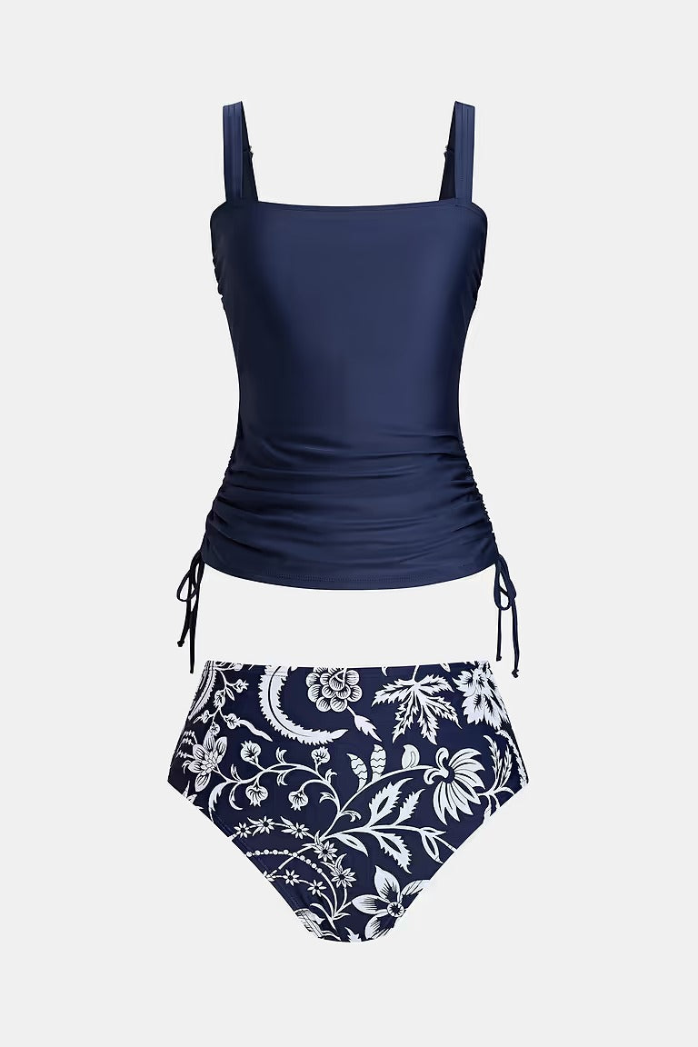 Blue ruched tankini and bottoms