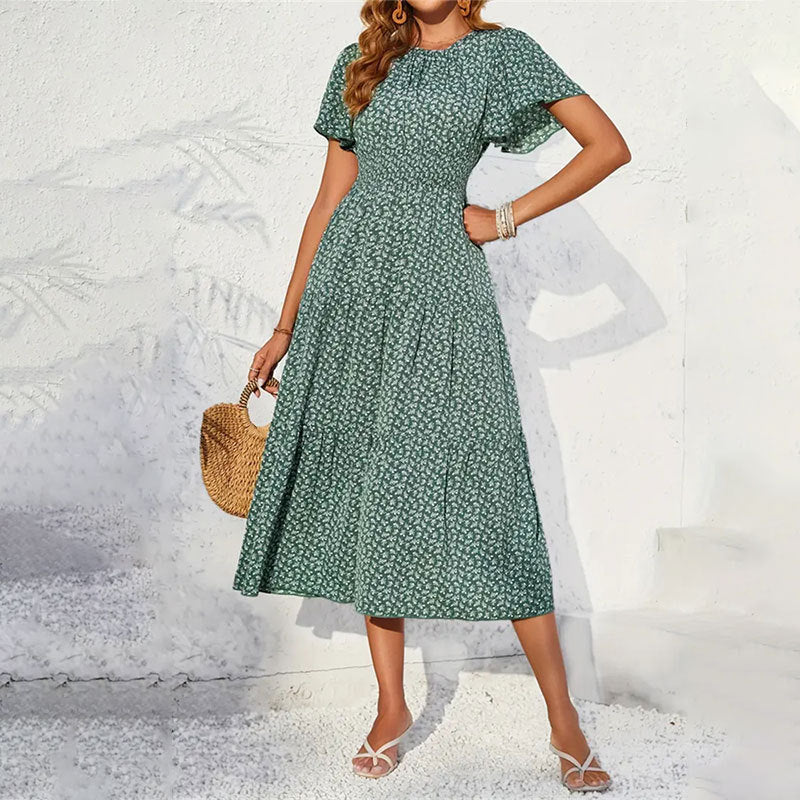 The Lotus Bloom | Floral Crew Neck Ruffle-Sleeve Cake Maxi Dress