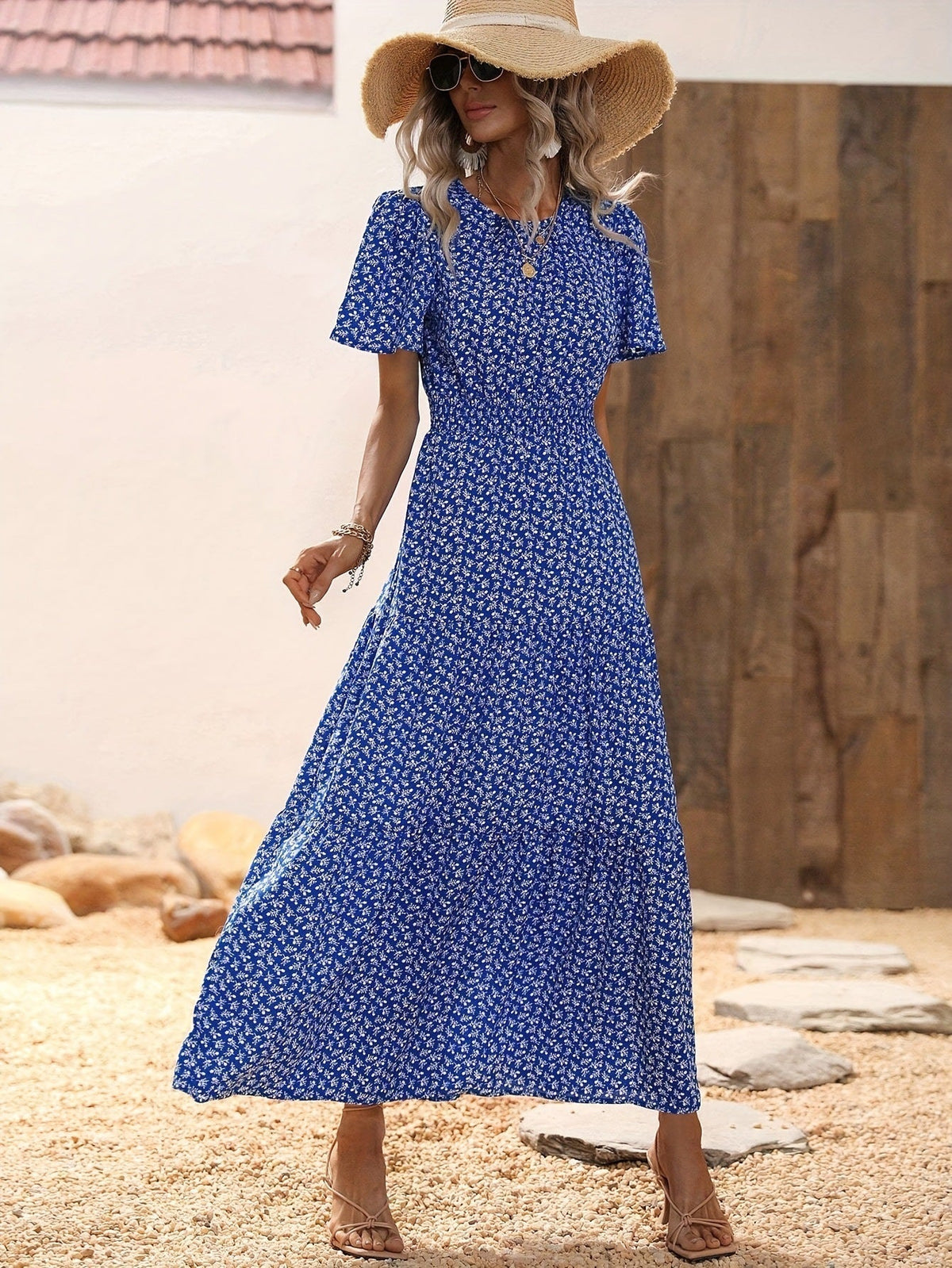 The Lotus Bloom | Floral Crew Neck Ruffle-Sleeve Cake Maxi Dress