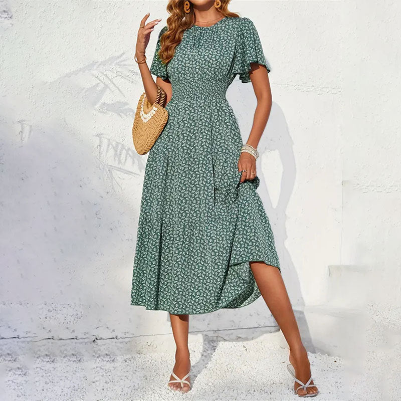 The Lotus Bloom | Floral Crew Neck Ruffle-Sleeve Cake Maxi Dress