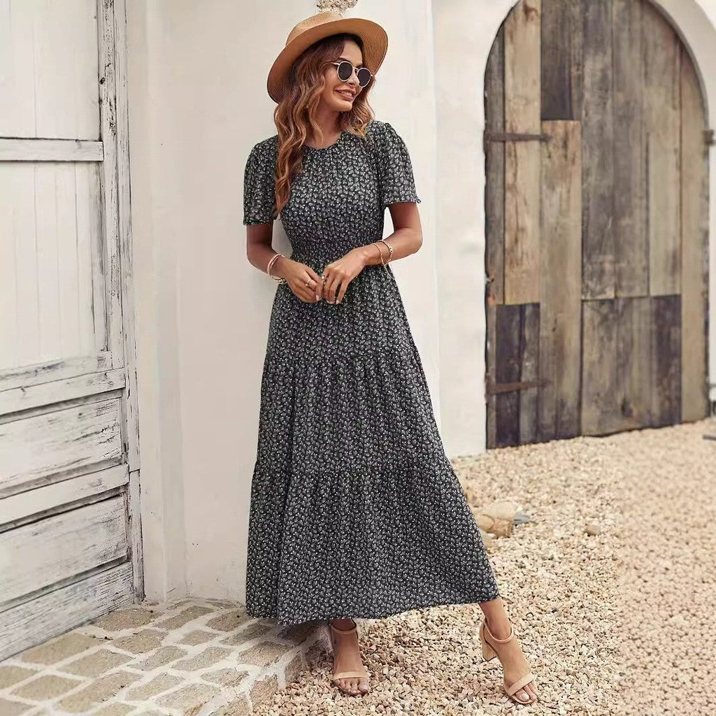 The Lotus Bloom | Floral Crew Neck Ruffle-Sleeve Cake Maxi Dress