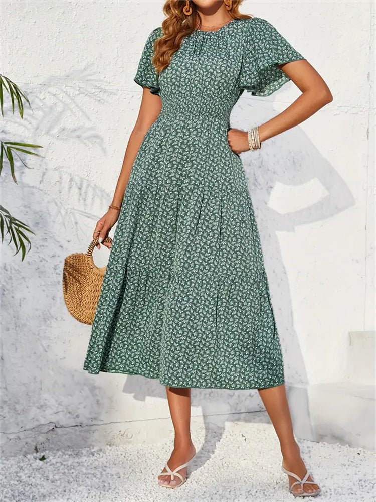 The Lotus Bloom | Floral Crew Neck Ruffle-Sleeve Cake Maxi Dress
