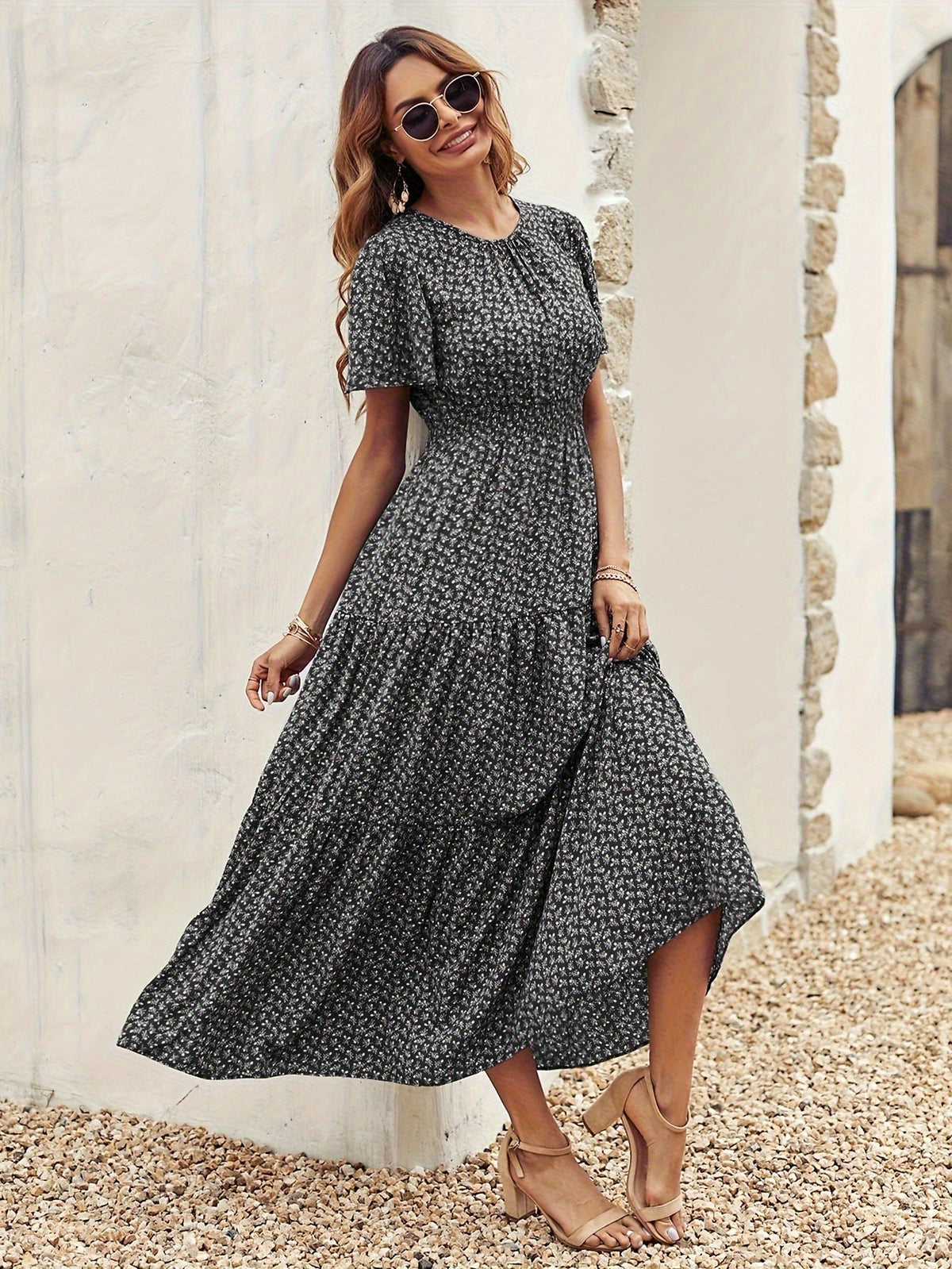 The Lotus Bloom | Floral Crew Neck Ruffle-Sleeve Cake Maxi Dress