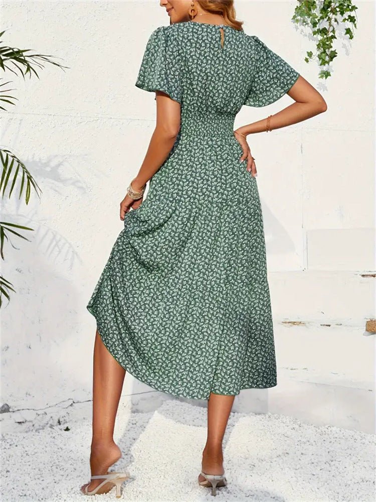 The Lotus Bloom | Floral Crew Neck Ruffle-Sleeve Cake Maxi Dress