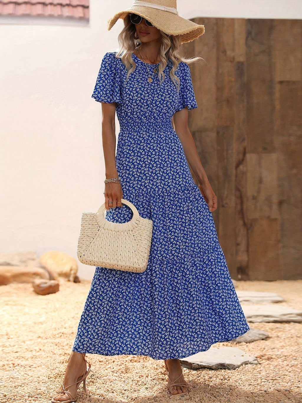 The Lotus Bloom | Floral Crew Neck Ruffle-Sleeve Cake Maxi Dress