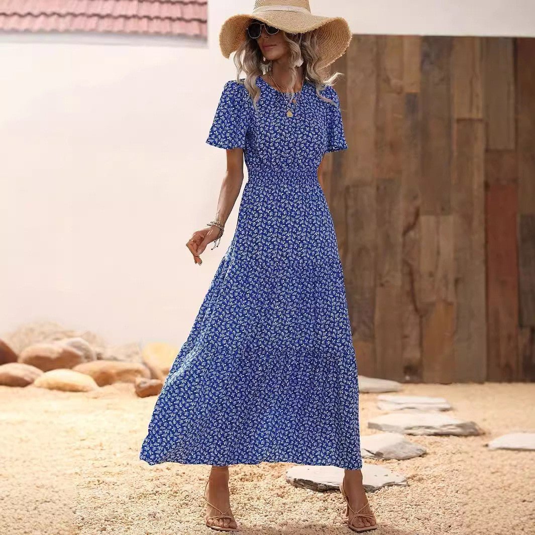 The Lotus Bloom | Floral Crew Neck Ruffle-Sleeve Cake Maxi Dress