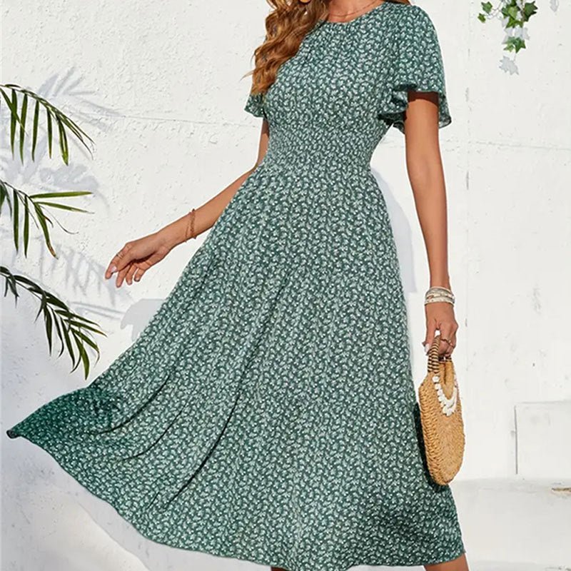 The Lotus Bloom | Floral Crew Neck Ruffle-Sleeve Cake Maxi Dress