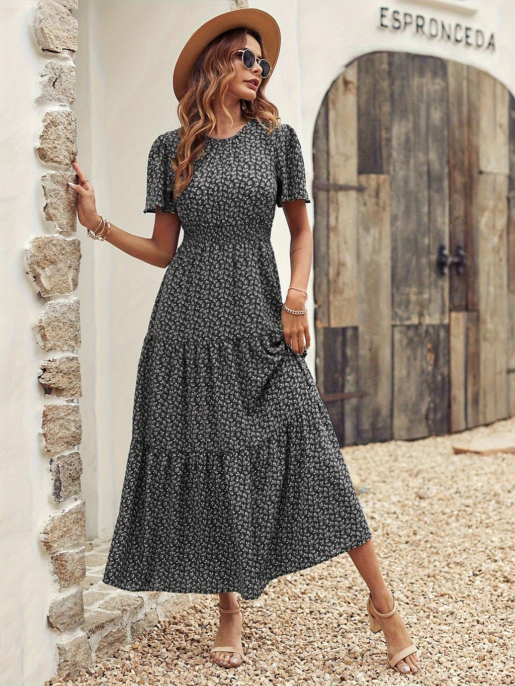 The Lotus Bloom | Floral Crew Neck Ruffle-Sleeve Cake Maxi Dress