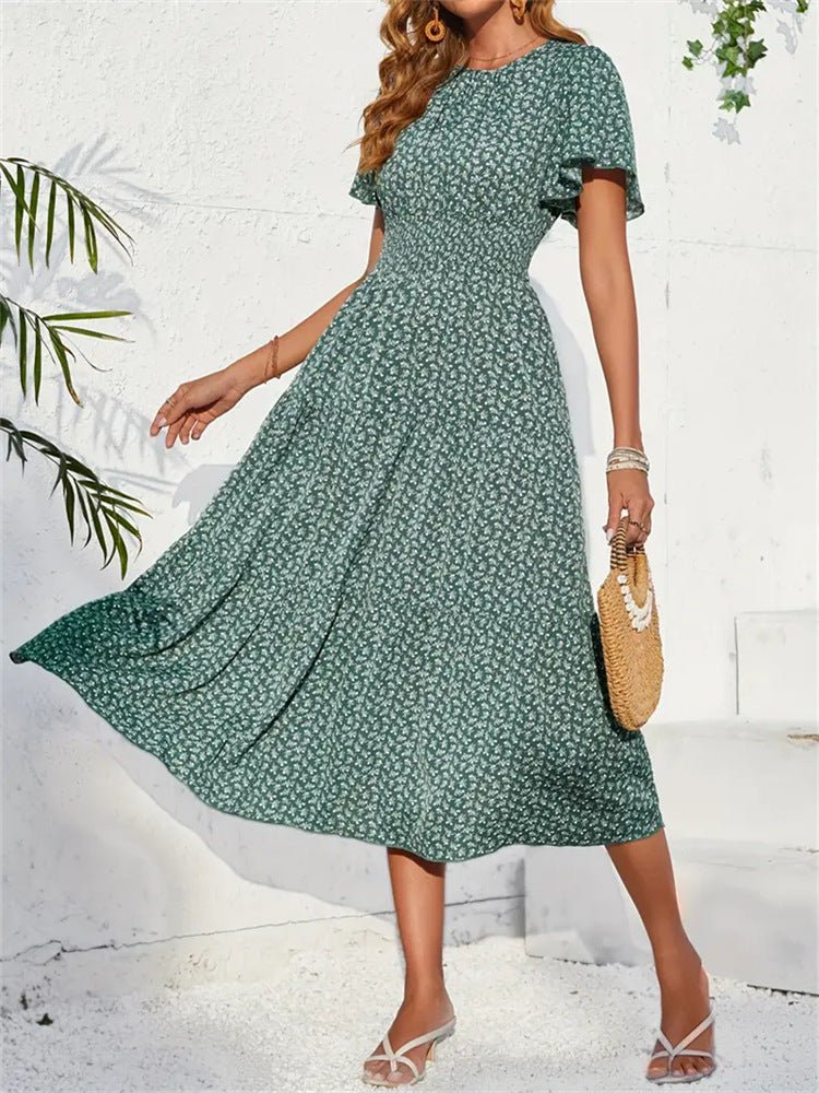 The Lotus Bloom | Floral Crew Neck Ruffle-Sleeve Cake Maxi Dress