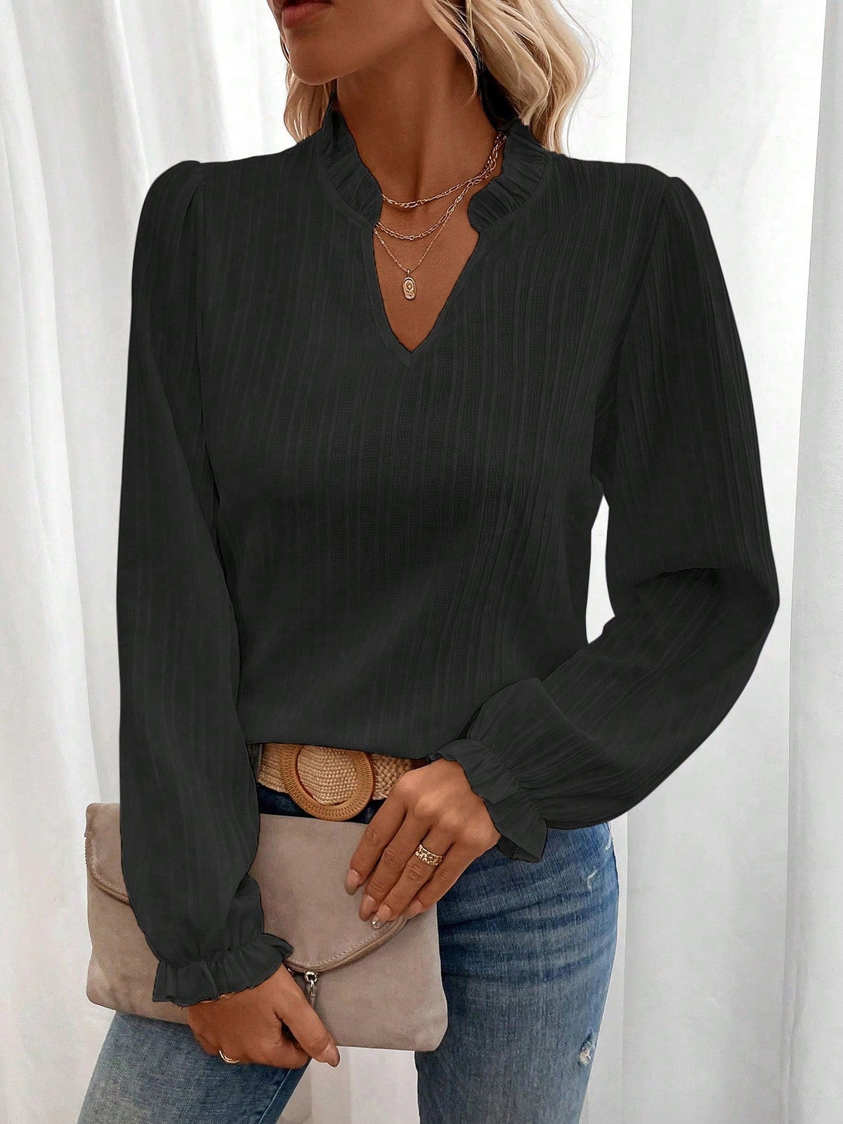LUNE Notched Neckline Flounce Sleeve Blouse