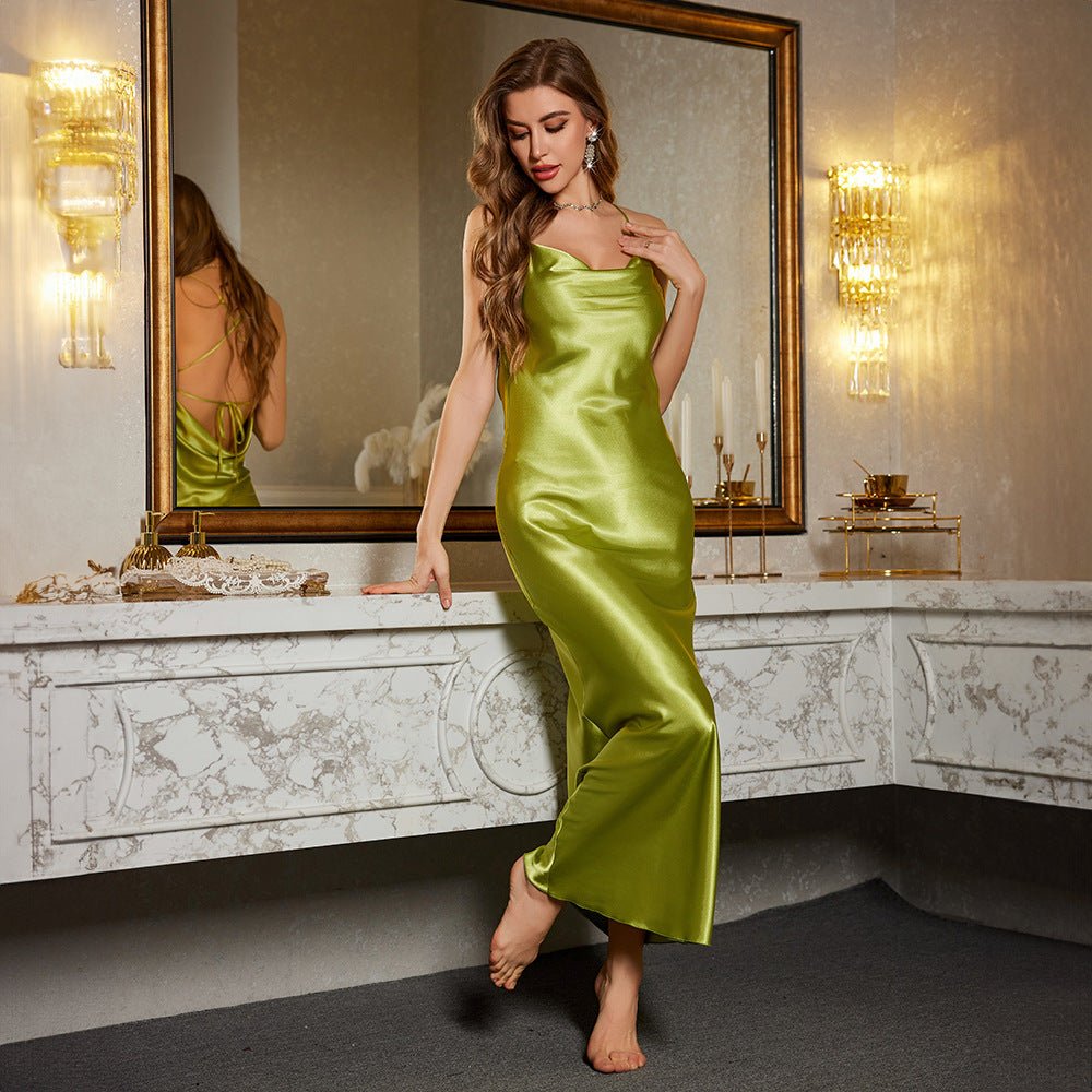 The Midnight Allure | Solid Color Backless Ice Silk Suspender Maxi Nightdress