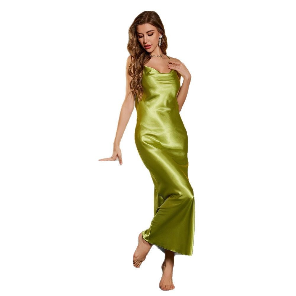 The Midnight Allure | Solid Color Backless Ice Silk Suspender Maxi Nightdress