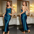 The Midnight Allure | Solid Color Backless Ice Silk Suspender Maxi Nightdress