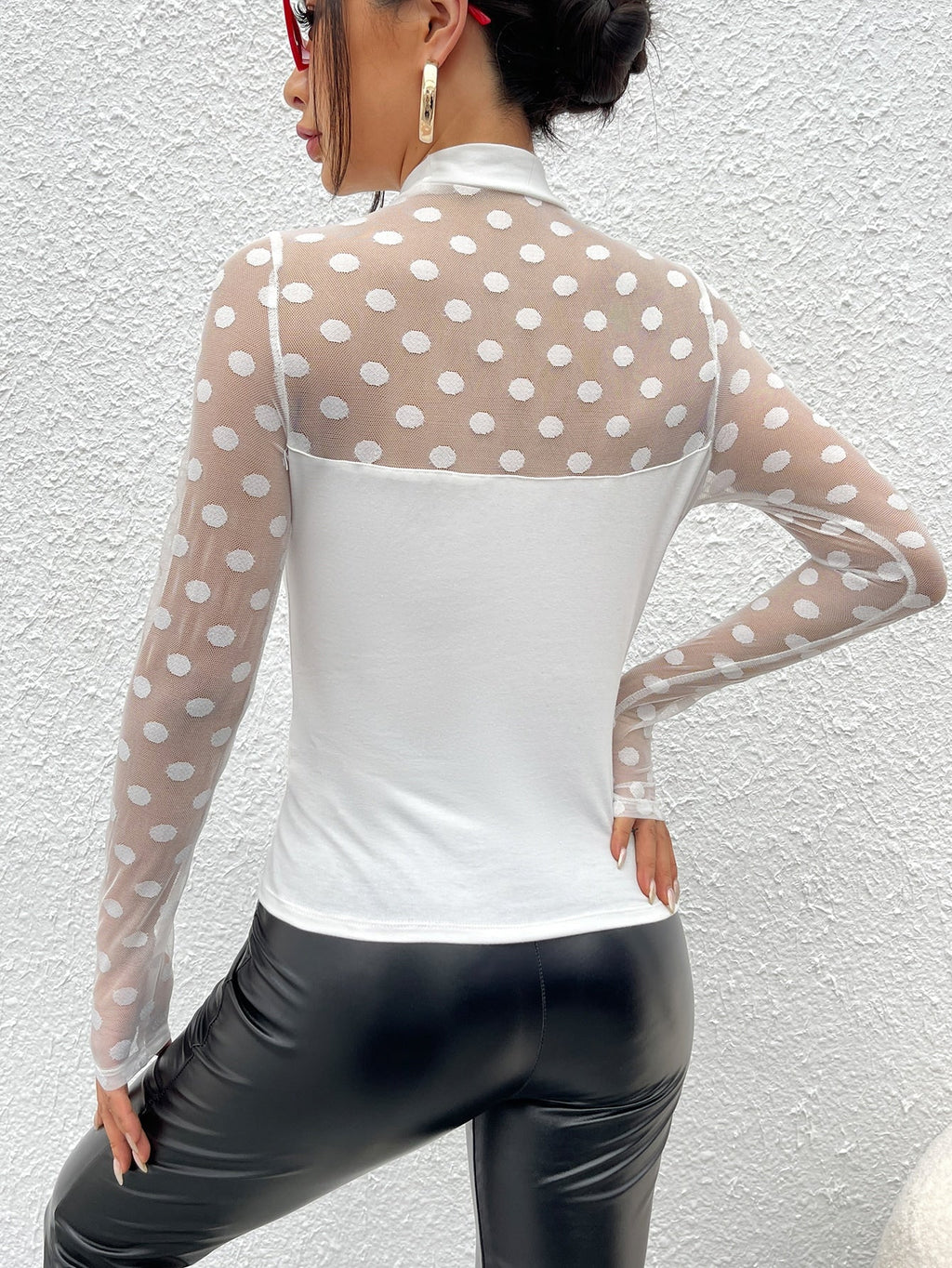 Mock-neck Sheer Dobby Mesh Yoke Fitted Top