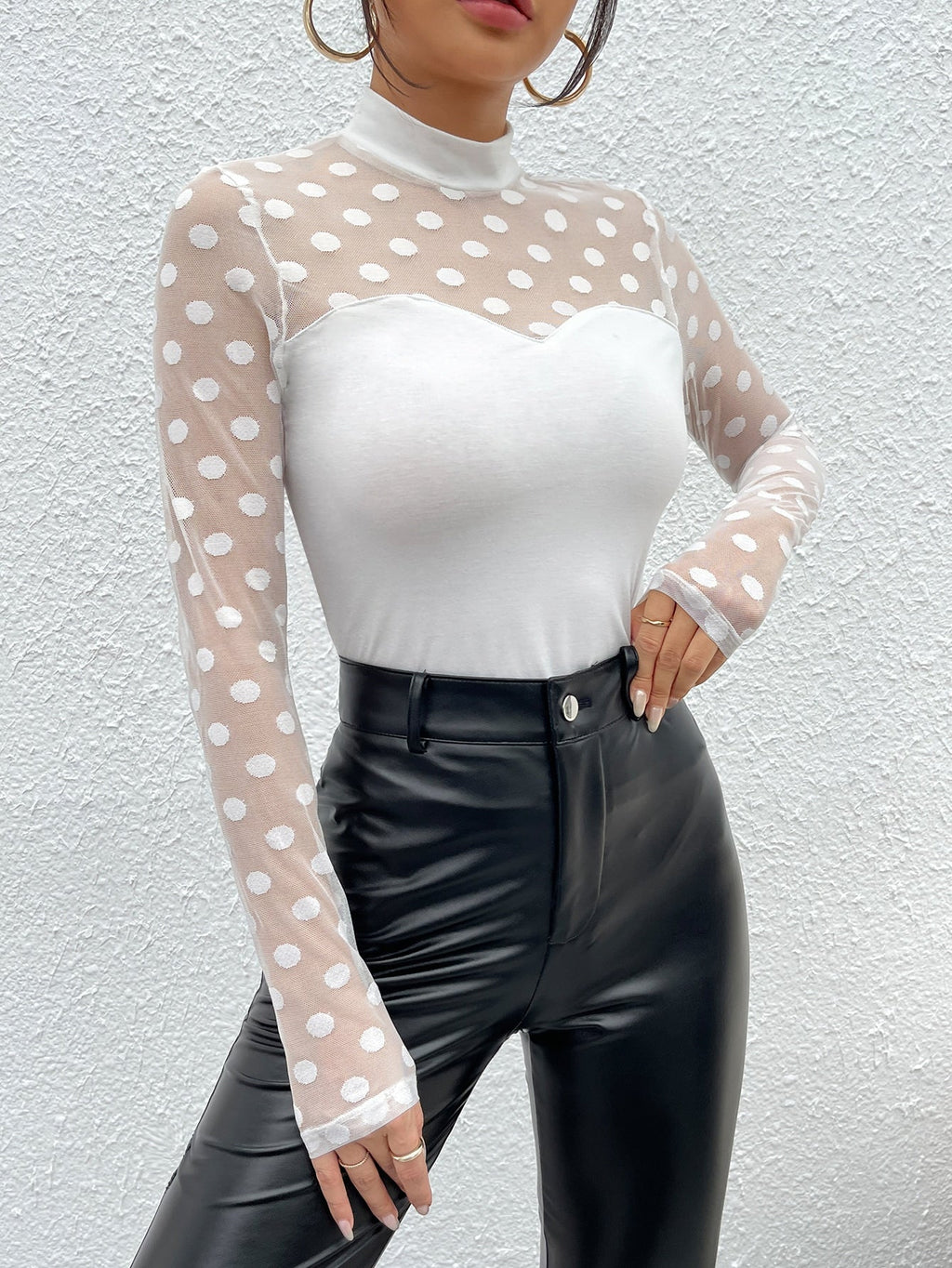 Mock-neck Sheer Dobby Mesh Yoke Fitted Top