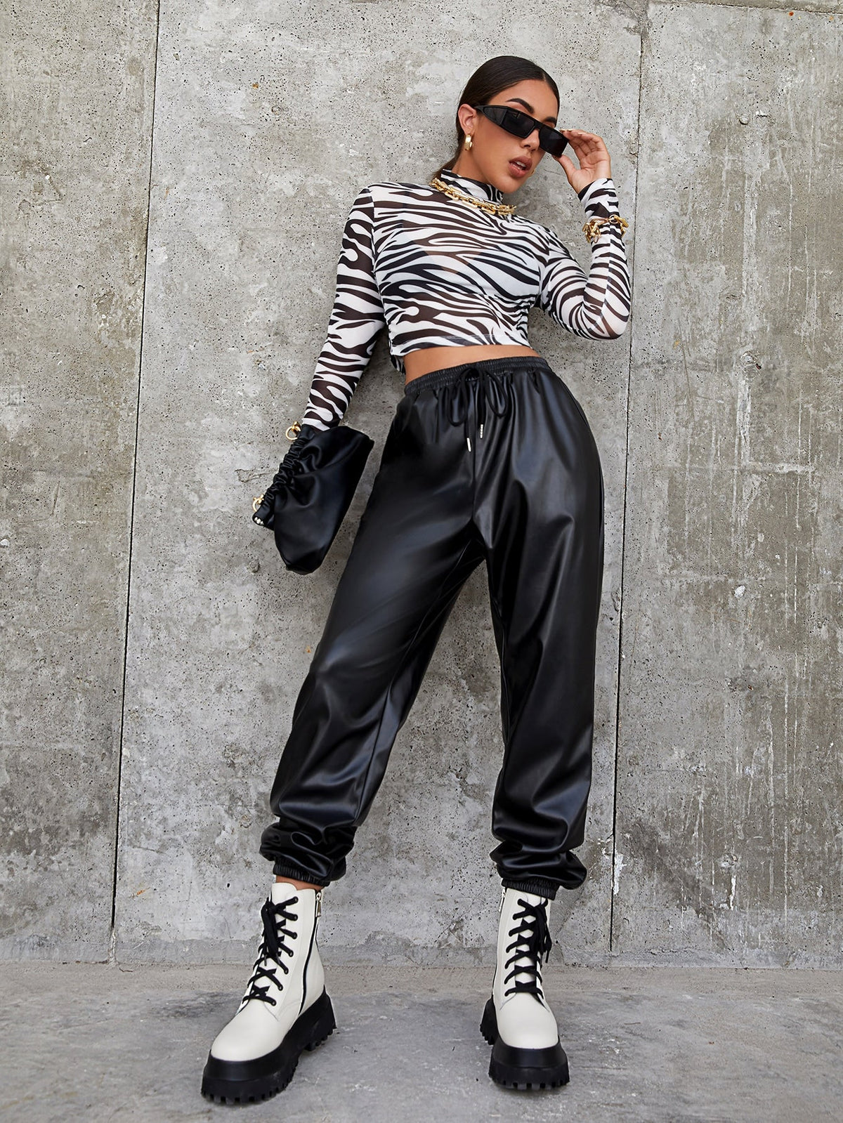 Mock Neck Zebra Striped Sheer Mesh Top Without Bra