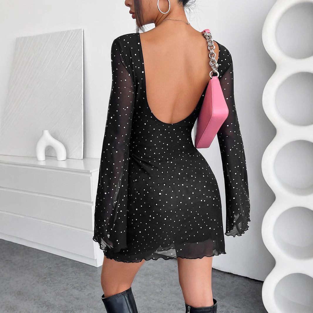 The Midnight Sequin | Women's Black Mesh Sequin Backless Long-Sleeve Jumpsuit