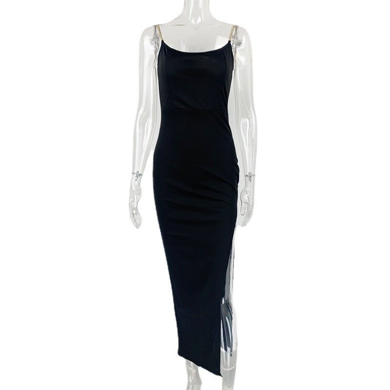 The Chain Siren | Women's One-Shoulder Chain Slit Suspender Maxi Dress