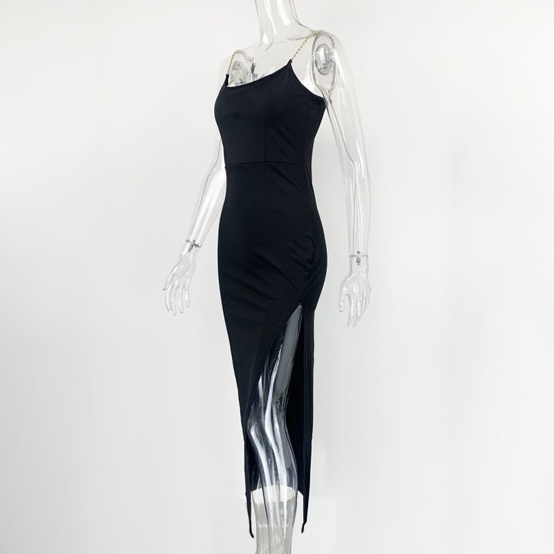 The Chain Siren | Women's One-Shoulder Chain Slit Suspender Maxi Dress