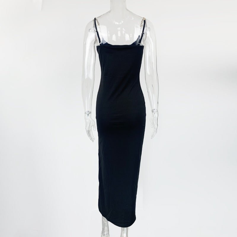 The Chain Siren | Women's One-Shoulder Chain Slit Suspender Maxi Dress