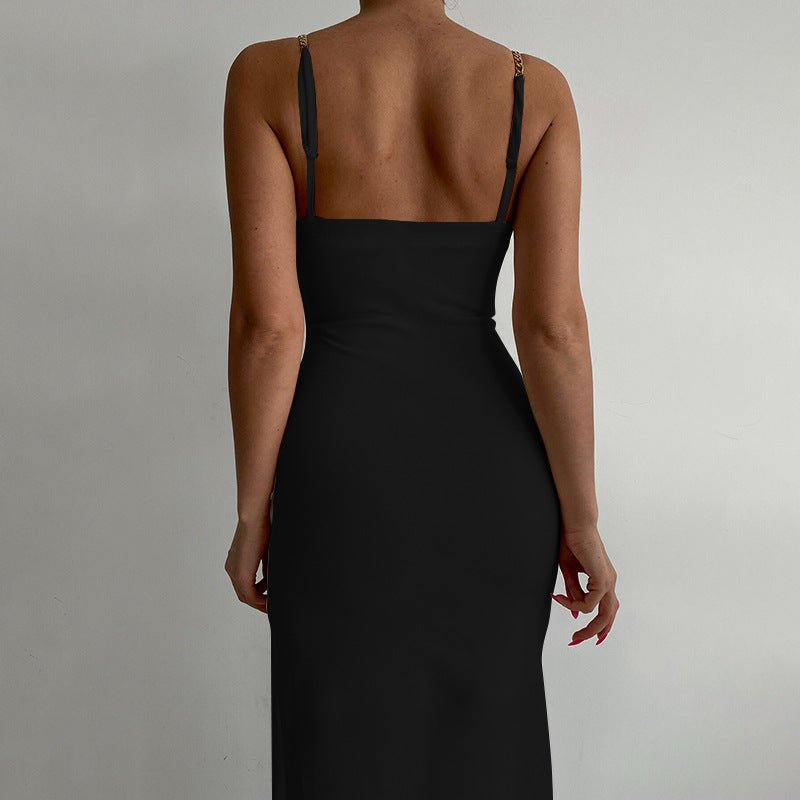 The Chain Siren | Women's One-Shoulder Chain Slit Suspender Maxi Dress