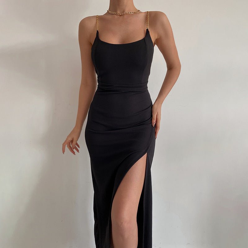 The Chain Siren | Women's One-Shoulder Chain Slit Suspender Maxi Dress