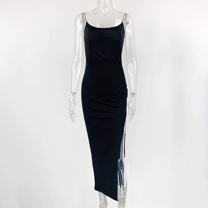 The Chain Siren | Women's One-Shoulder Chain Slit Suspender Maxi Dress