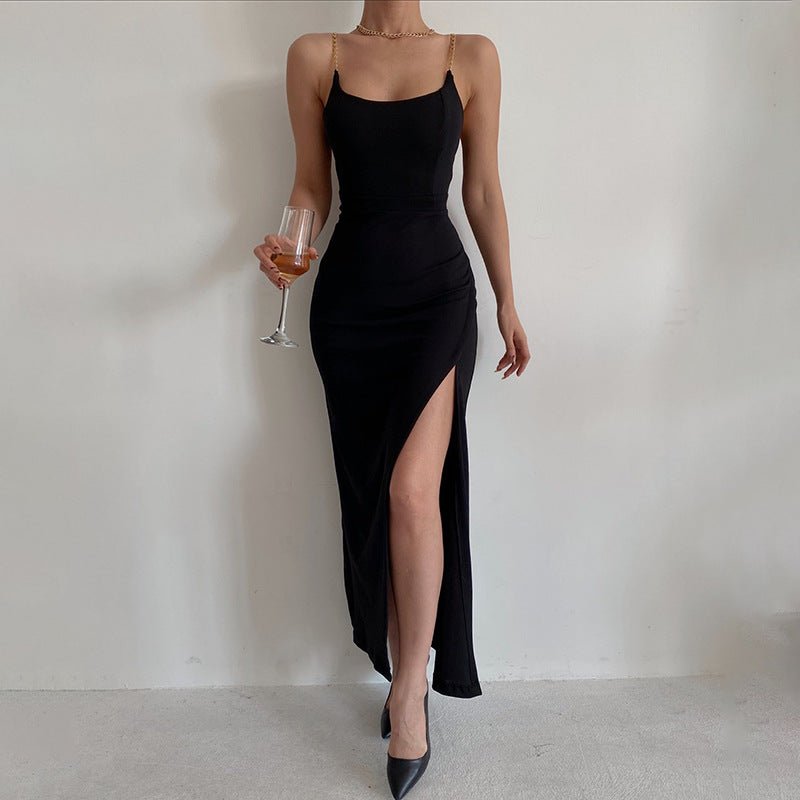 The Chain Siren | Women's One-Shoulder Chain Slit Suspender Maxi Dress
