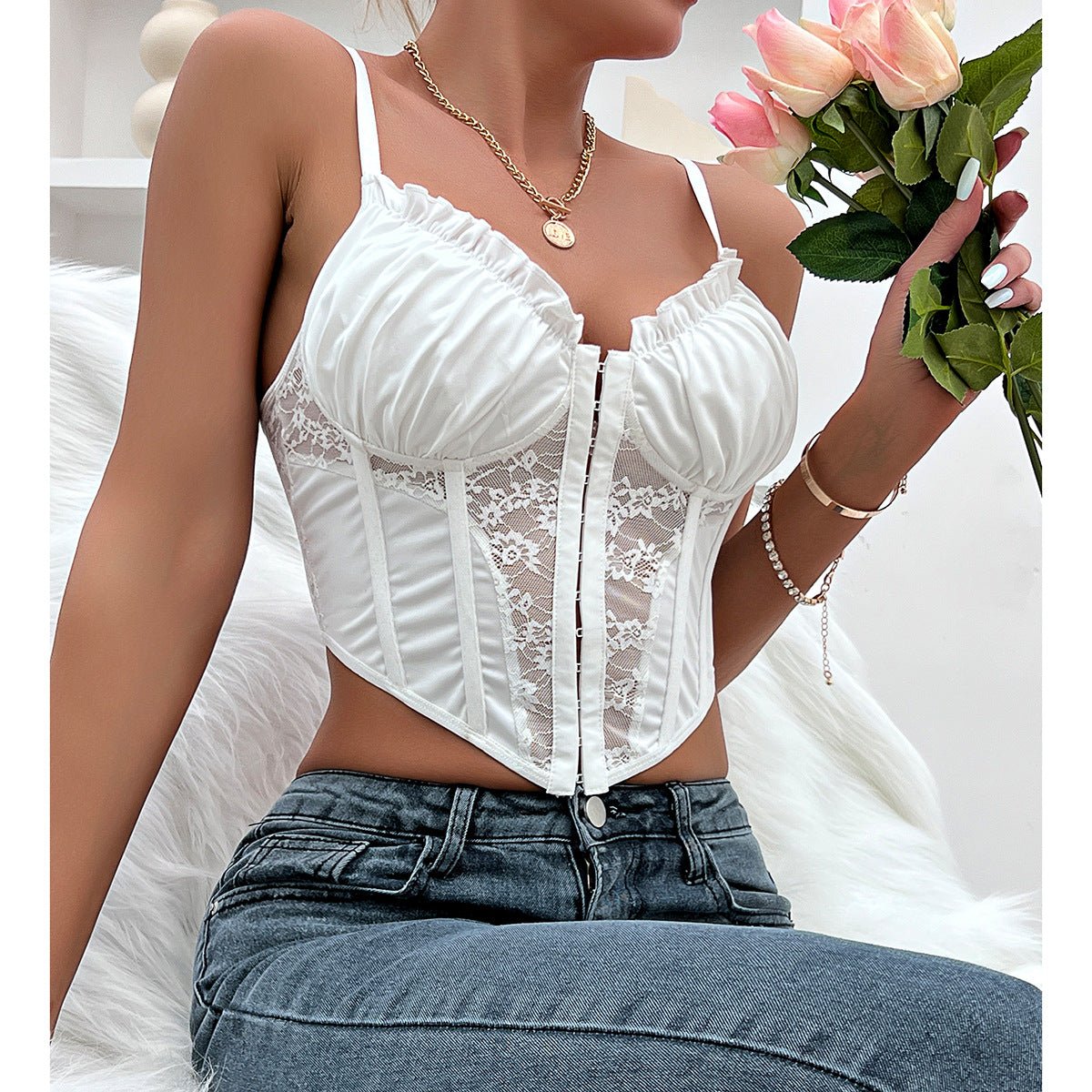 Lace Ruffle | Wood Ear Edge Buttoned Corset Cami Top White