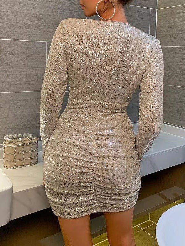 The Shimmering Grace | Solid Color Sequined V-Neck Princess Sleeve Maxi Dress
