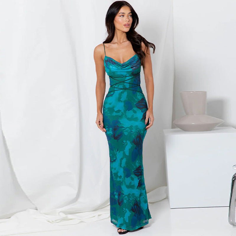 The Swing Seduction | Women's Printed Backless Suspender Maxi Dress