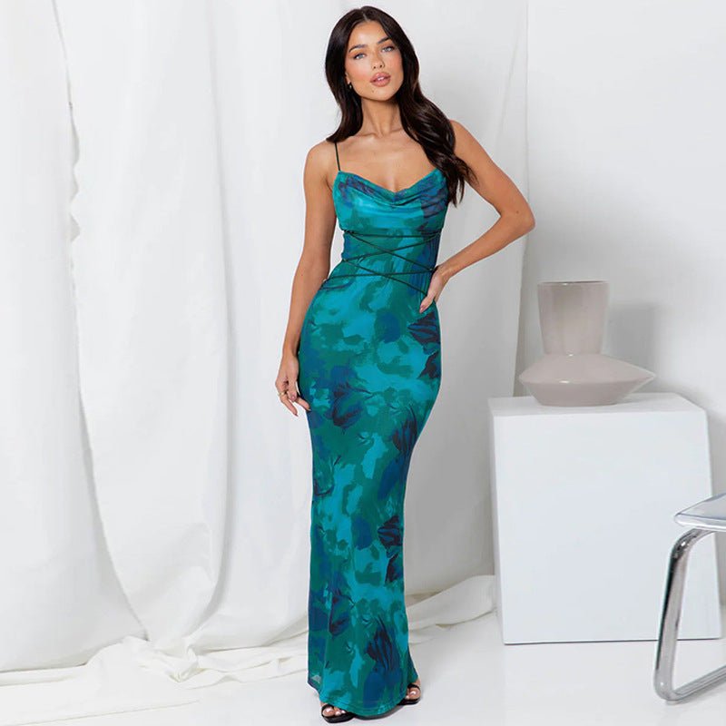 The Swing Seduction | Women's Printed Backless Suspender Maxi Dress