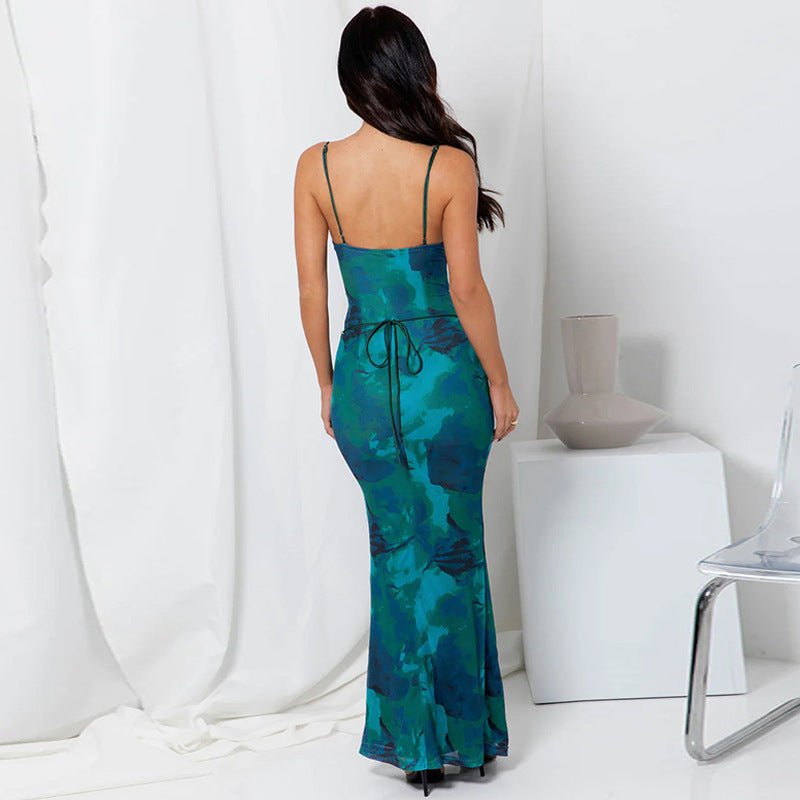 The Swing Seduction | Women's Printed Backless Suspender Maxi Dress