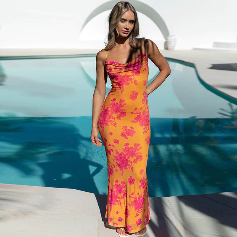 The Swing Seduction | Women's Printed Backless Suspender Maxi Dress