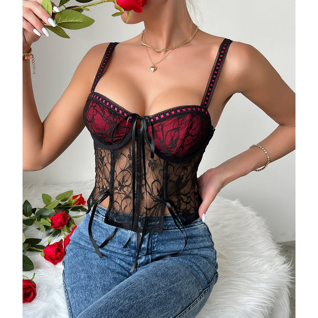 New y2k lace splicing lace-up steel ring fishbone camisole