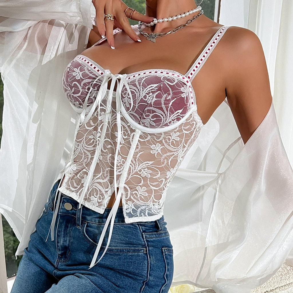 New y2k lace splicing lace-up steel ring fishbone camisole