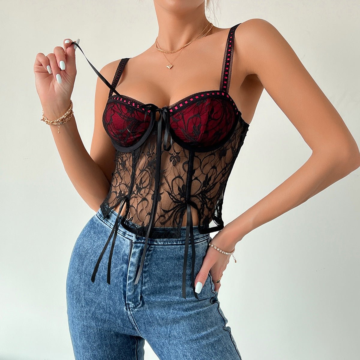 New y2k lace splicing lace-up steel ring fishbone camisole