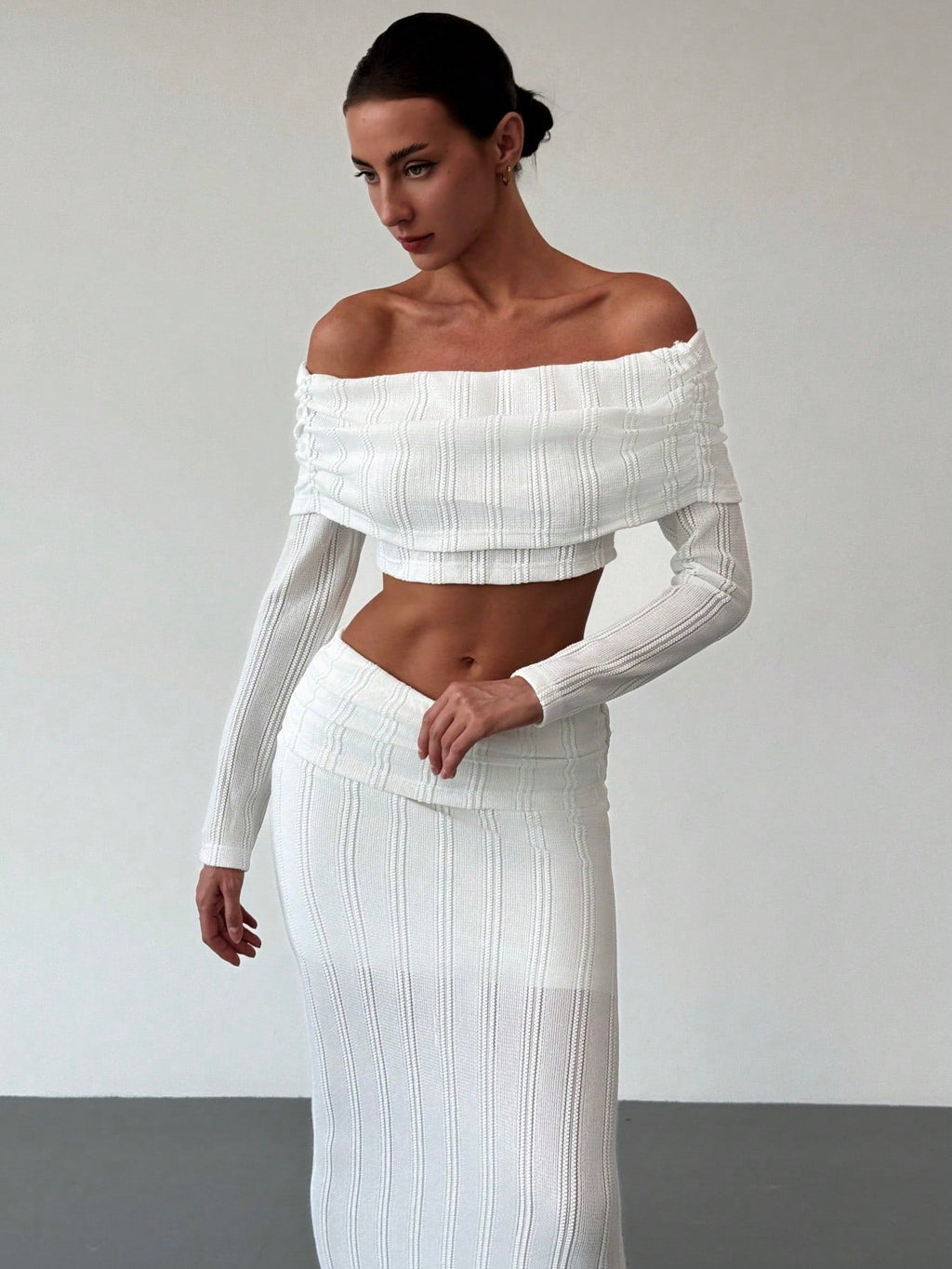 Off-Shoulder Cropped Sleeve Textured Blouse + High-Waist Textured Skirt Set For Date,