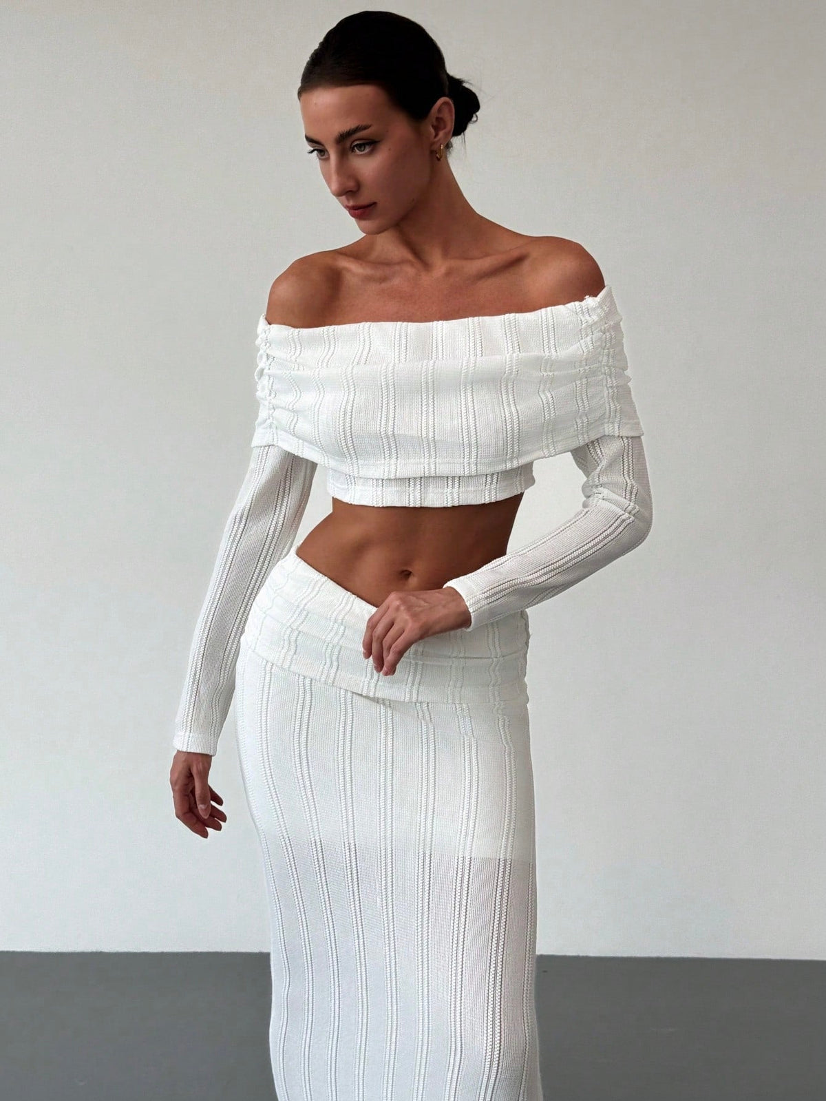 Off-Shoulder Cropped Sleeve Textured Blouse + High-Waist Textured Skirt Set For Date,